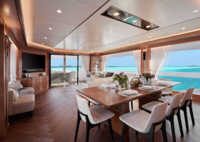 Luxurious yacht interior with ocean view.