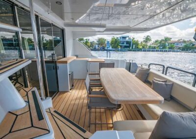 Outdoor dining area on a luxury yacht.