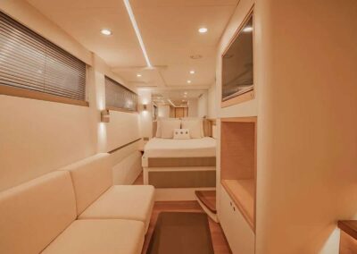 Cozy, modern interior of a yacht cabin.