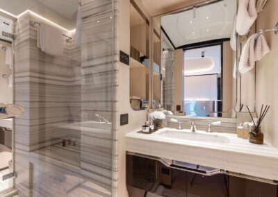 Modern bathroom with stylish fixtures and decor.