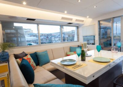 Stylish dining area with nautical view.