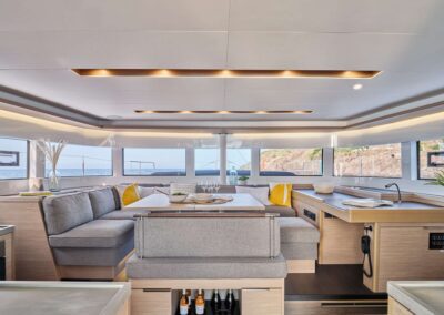 Modern yacht interior with elegant decor.